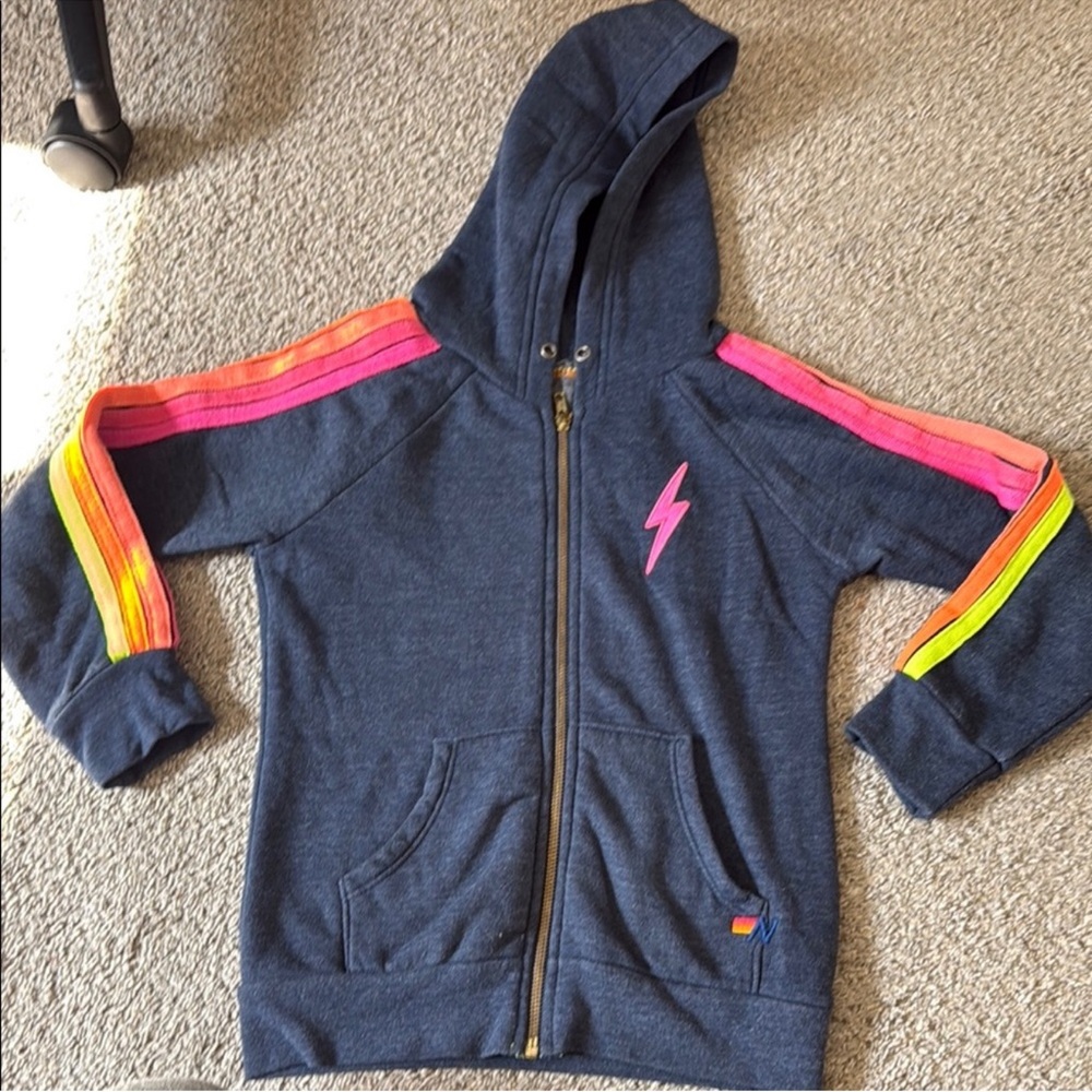 Aviator Nation Kids Hoodie with neon 5 stripes and lightening bolt